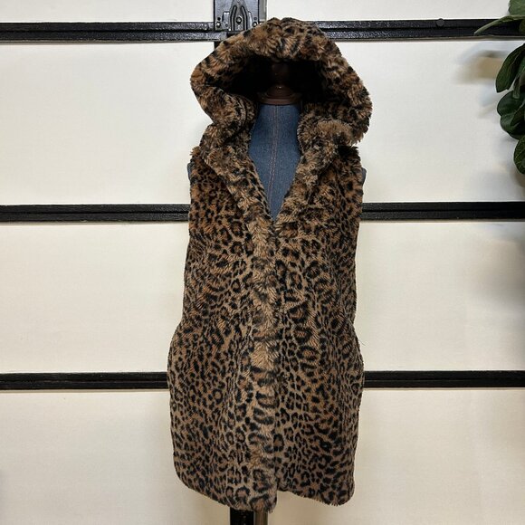 Zara Faux Fur Leopard Print Hooded Vest. Size S, Hook & Loop Front Closure - Picture 3 of 4